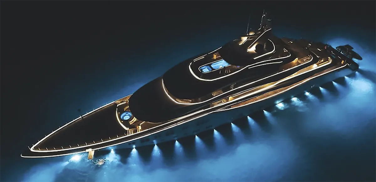 Illuminated Super Yacht - Overhead View